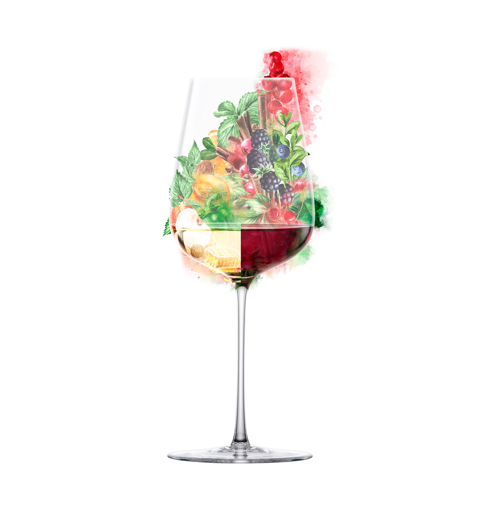 Glass with aroma images in front of a red background