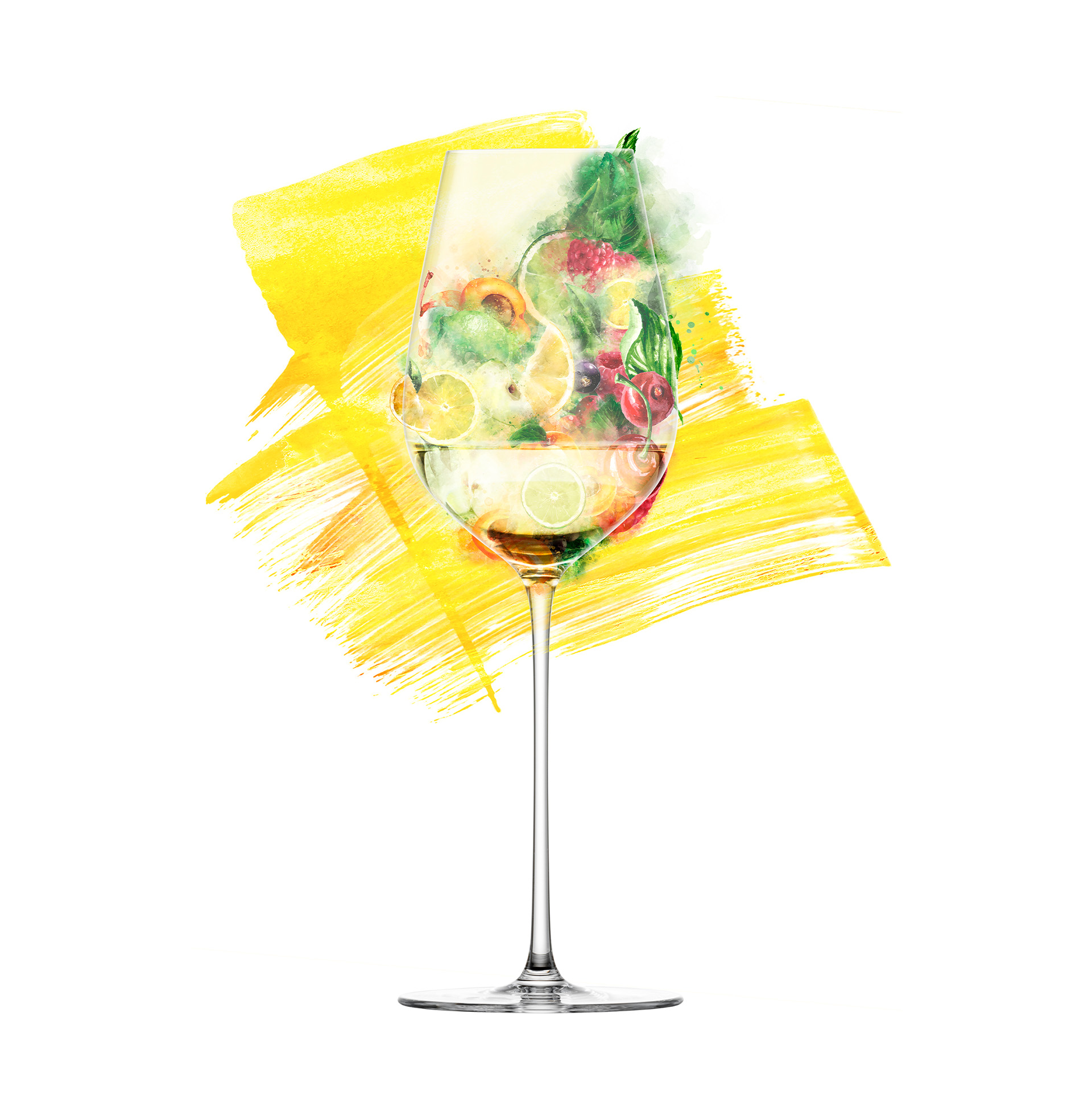 Glass with aroma images in front of a yellow background